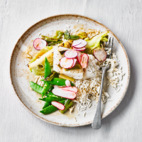 Baked cod with braised miso cabbage & basmati rice